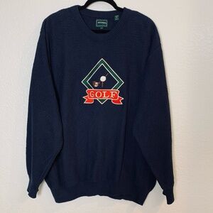 Bolle Golf Sweater Mens XL Blue Embroidered Crew Neck Cable Knit Pullover Cotton